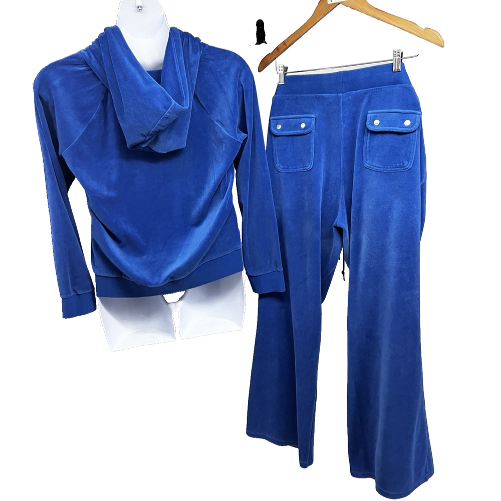 Vintage Y2K Juicy Couture Blue Velour Relaxed Zip Up Hoodie Tracksuit XL Pockets